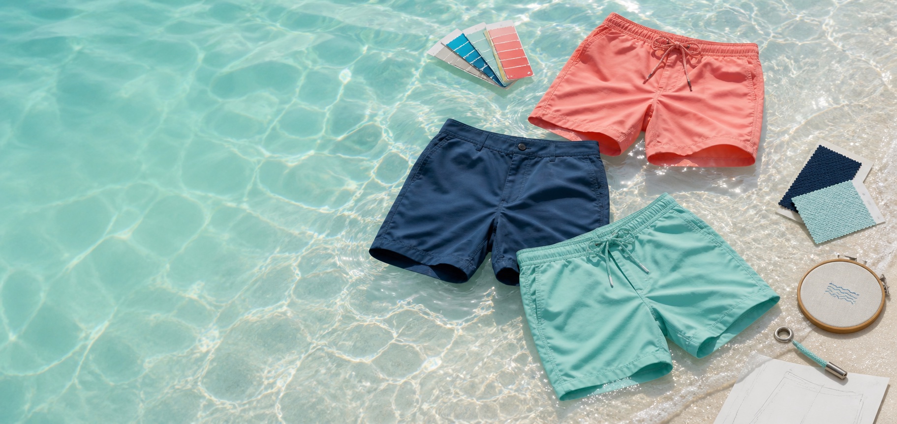Custom beach shorts with fabric swatches, color cards and trims beside a crystal-clear tropical sea